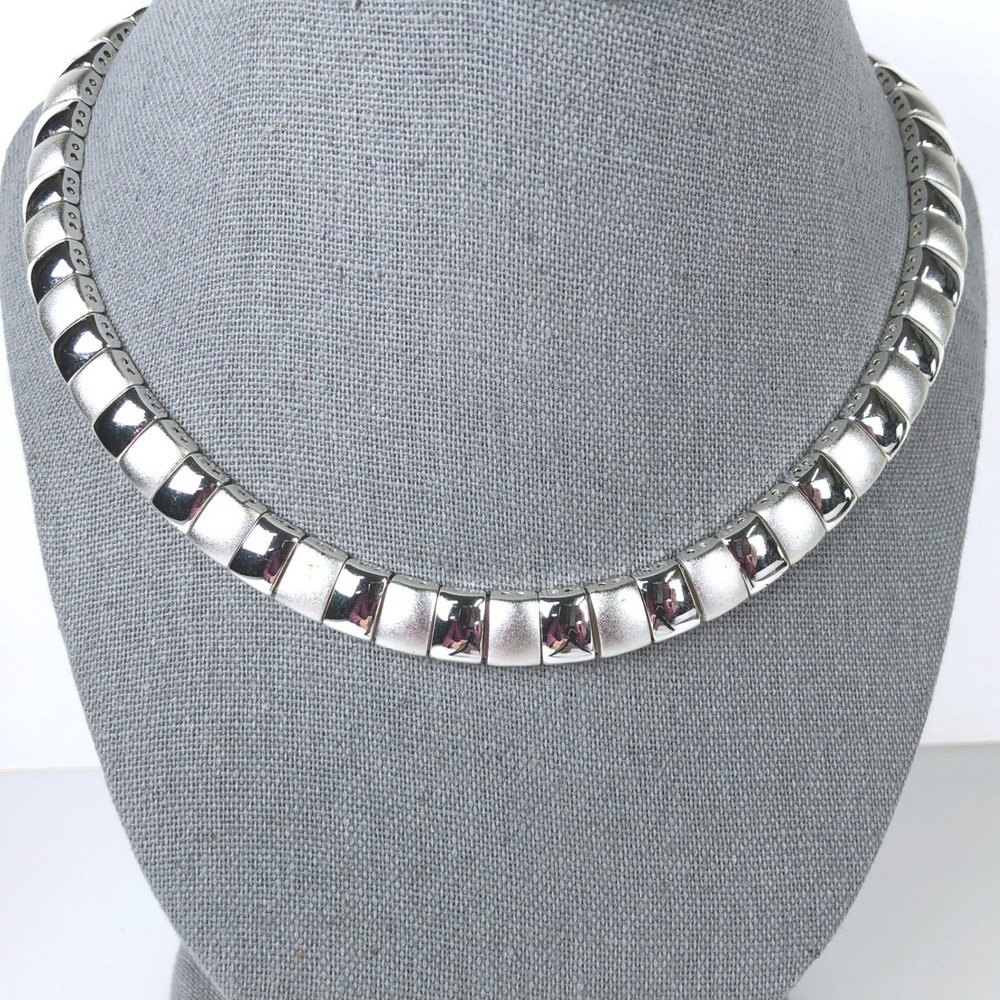 Vtg 1980s Square Link Necklace 16" Alternating Matte Polished Silver Tone Choker